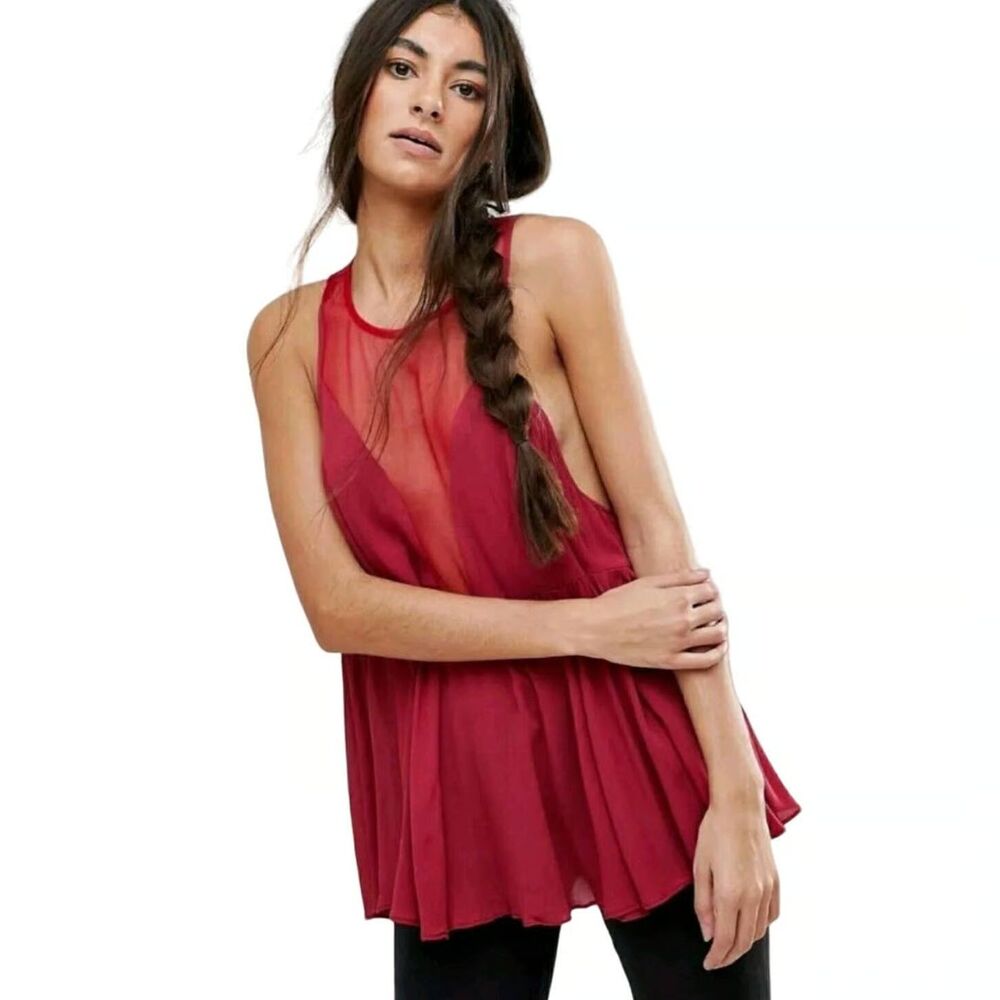 Sheer Red Sleeveless Flowy Tank Top